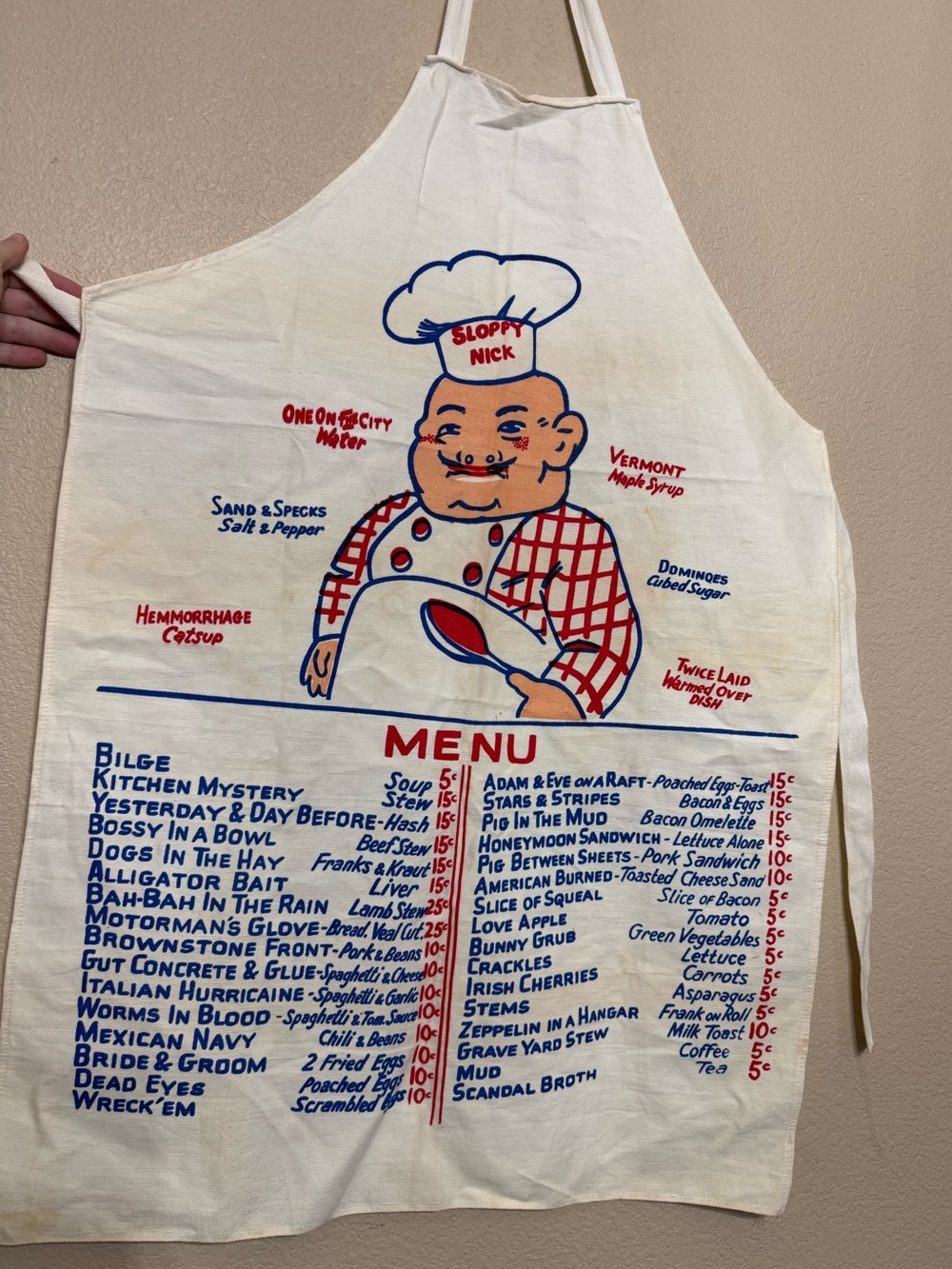 Vintage Sloppy Nick Hand Painted Chef Menu Diner Apron